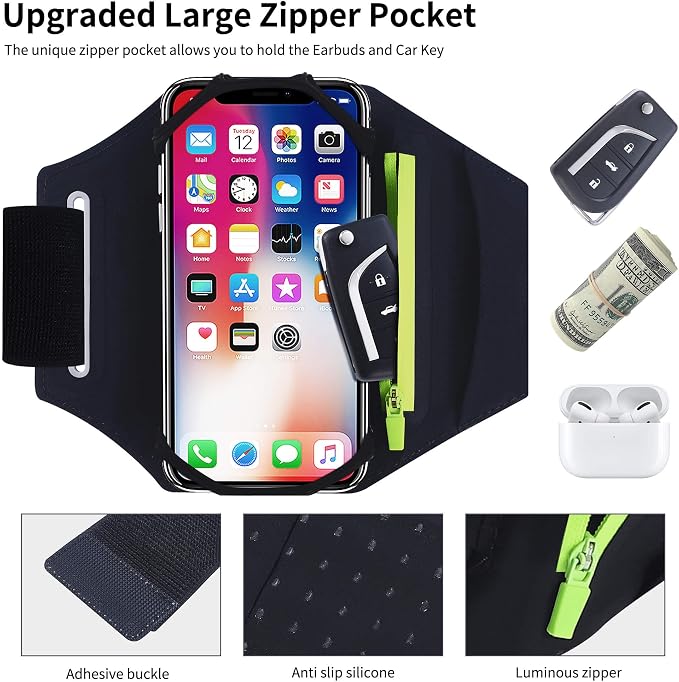 Armband & Bike Phone Holder Set- Detachable & 360° Rotatable Reflective Strap with Zipper Pocket Bag - Compatible with iPhone 16 15 Pro Max Plus Samsung Galaxy for Running Workout Sports