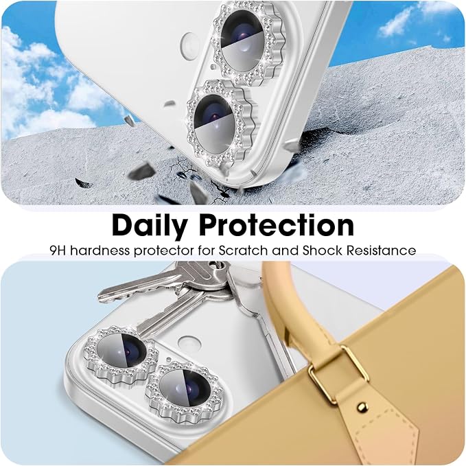 Xfilm for iPhone 16/16 Plus Camera Lens Protector Bling Individual Sun Design Diamond Ring 9H Hardness Scratchproof Protector, Stylish Phone Accessories, Case Friendly (Silver)