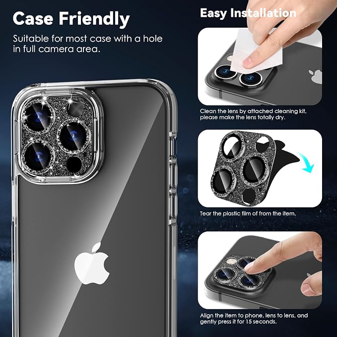 CloudValley for iPhone 14 Pro/iPhone 14 Pro Max Glitter Camera Lens Protector, 9H Tempered Glass [All in 1 Design], Case Friendly Anti-Scatch High Definition, GlitterBlack