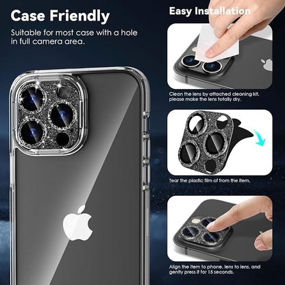 CloudValley for iPhone 14 Pro/iPhone 14 Pro Max Glitter Camera Lens Protector, 9H Tempered Glass [All in 1 Design], Case Friendly Anti-Scatch High Definition, GlitterBlack