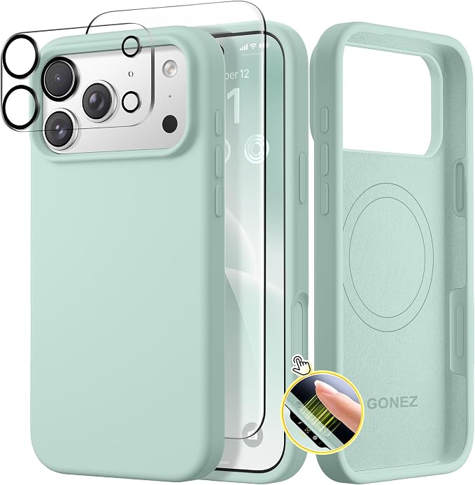 GONEZ Magnetic for iPhone 17 Pro Case, Compatible with MagSafe, [Screen Protector + Camera Lens Protector], Liquid Silicone Anti-Scratch Shockproof Protective Phone Case 6.3 inch, Mint Green