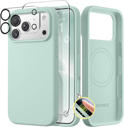 GONEZ Magnetic for iPhone 17 Pro Case, Compatible with MagSafe, [Screen Protector + Camera Lens Protector], Liquid Silicone Anti-Scratch Shockproof Protective Phone Case 6.3 inch, Mint Green