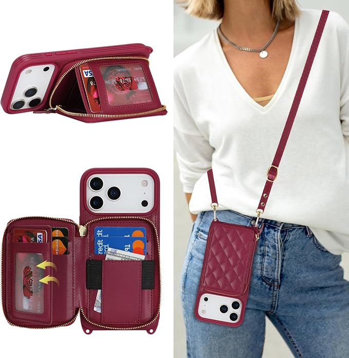 Crossbody Wallet Case for iPhone 17 Pro Max, PU Leather Zipper Handbag Purse Flip Cover, Kickstand Folio Case with Card Slots Holder Wrist Strap Lanyard 5G 6.9 Inch-Dark red
