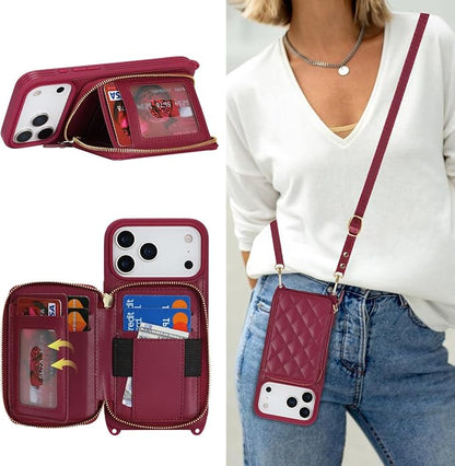 Crossbody Wallet Case for iPhone 17 Pro Max, PU Leather Zipper Handbag Purse Flip Cover, Kickstand Folio Case with Card Slots Holder Wrist Strap Lanyard 5G 6.9 Inch-Dark red