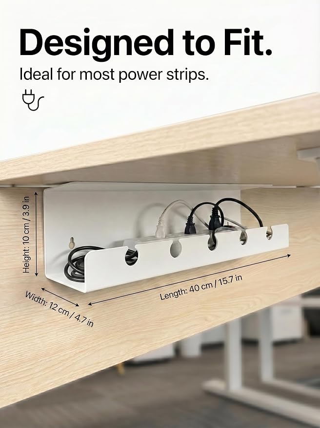 Under Desk Cable Management Tray No Drill, Cord Organizer for Desk, Wire Organizer, Cable Tray for Home Office Standing Desk, Wire Managment, Cord Hider, Set of 2 pcs (White)