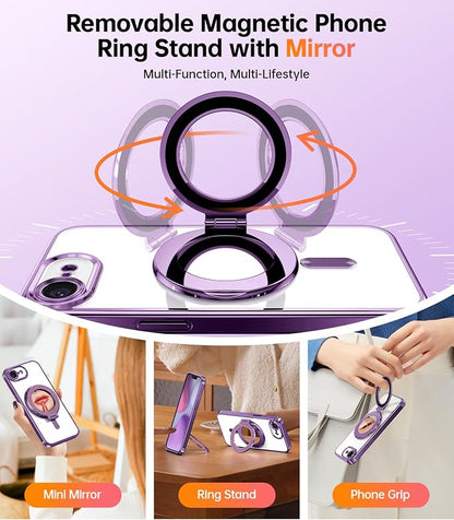 Meifgino Magnetic Case with Removable Phone Ring Stand for iPhone 16E 6.1’’, [Glitter Card & Wrist Strap] [MagSafe Compatible] [Built in Mirror] Phone Ring Stand + Phone Case Kit, Purple