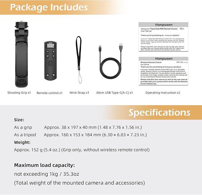 for Canon Tripod Wireless Shooting Grip with Shutter Release - Mini-Tripod with Rechargeable Remote Control for G7 X III/R50/R8/R5/R10/G5 X II/R100/M6 II/M200/M50/R50 V/6D II/V10/V1/SL2, for Vlogging