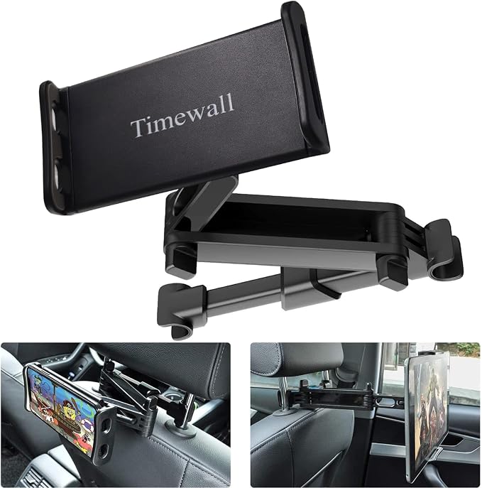Timewall Car Headrest Tablet Mount, Backseat Seat Universal Cell Phone Holder 360 Swivel Rotating Angle Adjustable Stretchable for iPad iPhone, Samsung, Switch, 5-11" Tablet Phone Black