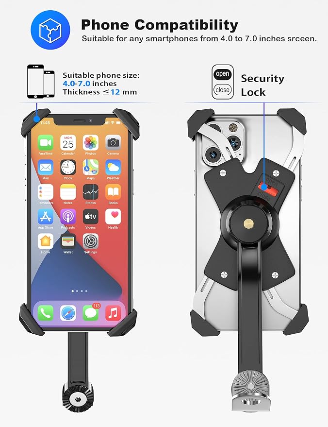 Grefay Motorcycle Phone Mount, Auto Shrink Metal Phone Mount for 4.0-7.0 Inch Smartphone for Motorcycle Rear View Mirror with 360° Rotatabe