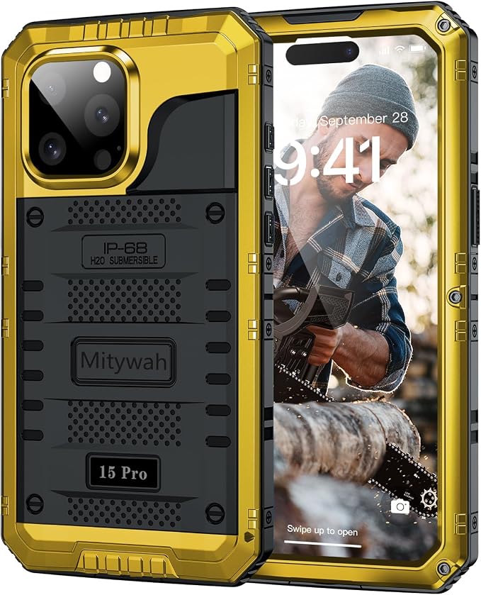 Mitywah Waterproof Case for iPhone 15 Pro, Heavy Duty Shockproof Case with Built-in Screen Protector, Full Body Underwater Protective Metal Case 6.1 inch, Yellow