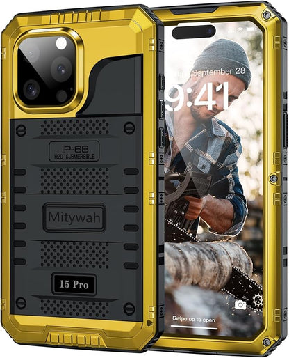 Mitywah Waterproof Case for iPhone 15 Pro, Heavy Duty Shockproof Case with Built-in Screen Protector, Full Body Underwater Protective Metal Case 6.1 inch, Yellow
