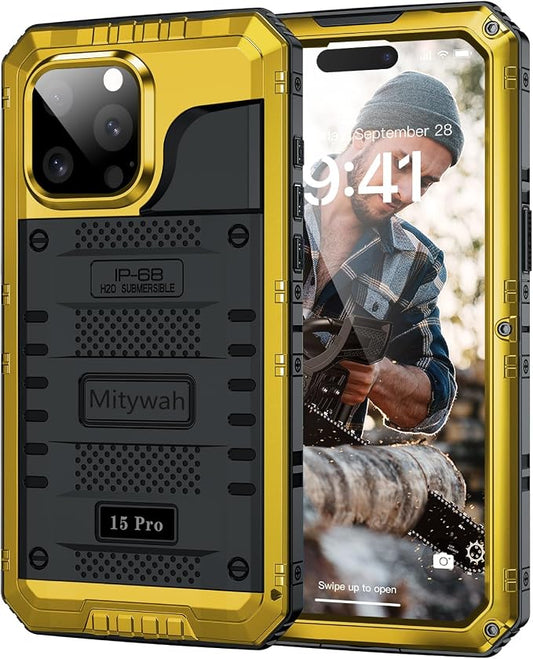 Mitywah Waterproof Case for iPhone 15 Pro, Heavy Duty Shockproof Case with Built-in Screen Protector, Full Body Underwater Protective Metal Case 6.1 inch, Yellow