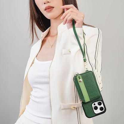 LAMEEKU Compatible with iPhone 16 Pro Wallet Case with Card Holder, Zipper Leather Crossbody Case with Phone Grip Holder Stand Wrist Strap for Women 6.3 inch Dark Green