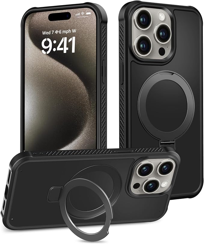 for iPhone 15 Pro Max Case, Built-in Magnetic & Seamless Stand, [Compatible with Magsafe] Protective Shockproof Phone Case, Scratch-Resistant Matte Back Slim Cover for 6.7 Inch - Black