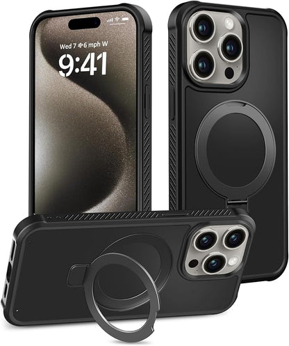 for iPhone 15 Pro Max Case, Built-in Magnetic & Seamless Stand, [Compatible with Magsafe] Protective Shockproof Phone Case, Scratch-Resistant Matte Back Slim Cover for 6.7 Inch - Black
