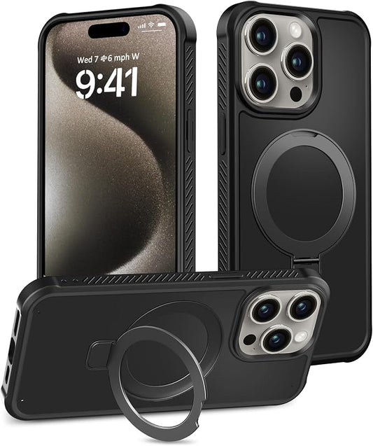 for iPhone 15 Pro Max Case, Built-in Magnetic & Seamless Stand, [Compatible with Magsafe] Protective Shockproof Phone Case, Scratch-Resistant Matte Back Slim Cover for 6.7 Inch - Black