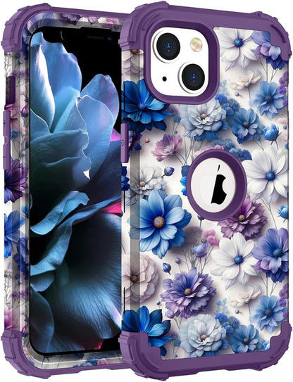 Hocase for iPhone 14 Case/iPhone 13 Case, Heavy Duty Shockproof Protection Soft Silicone Rubber+Hard Plastic Bumpers Hybrid Protective Case for iPhone 13/14 (6.1") - Blue Purple Flowers