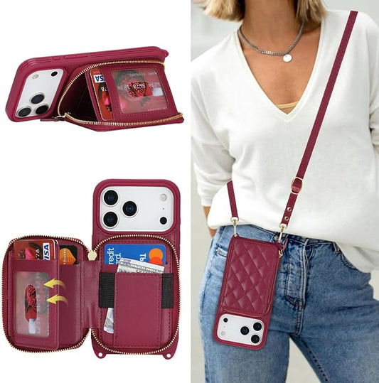 Crossbody Wallet Case for iPhone 17 Pro, PU Leather Zipper Handbag Purse Flip Cover, Kickstand Folio Case with Card Slots Holder Wrist Strap Lanyard 5G 6.3 Inch-Dark red