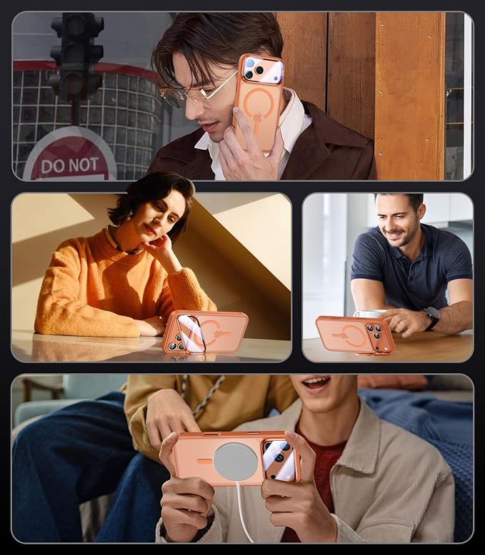 [Upgraded Full Camera Protection] for iPhone 17 Pro Max Case with Camera Cover Stand [Fit for MagSafe][10FT Mil-Grade Protection] Translucent Magnetic iPhone 17 Pro Max Phone Case, Orange