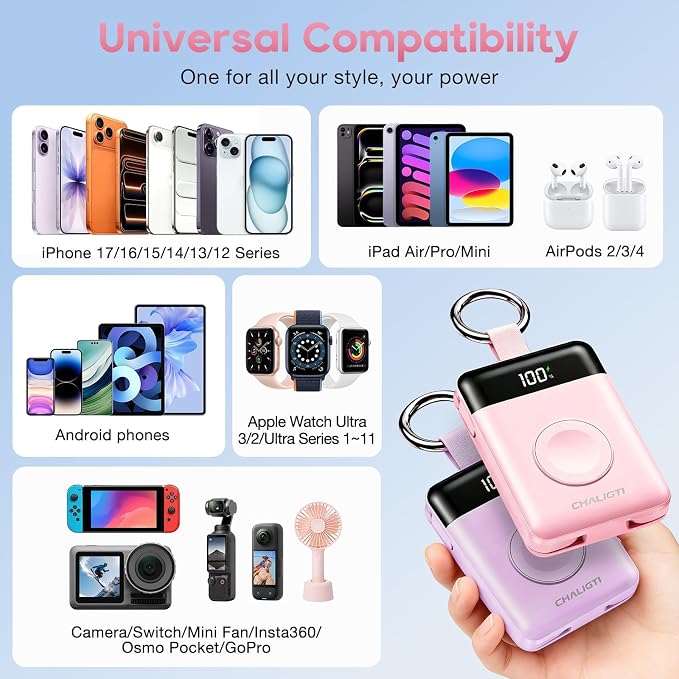 10000mAh Portable Charger,PD 22.5W Super Fast Charging Power Bank with Built-in Cables, Travel Keychain Battery Pack for iPhone 17/16/15/14/13/12,Apple Watch Ultra/11/10/9/8/7/6/SE (Pink)