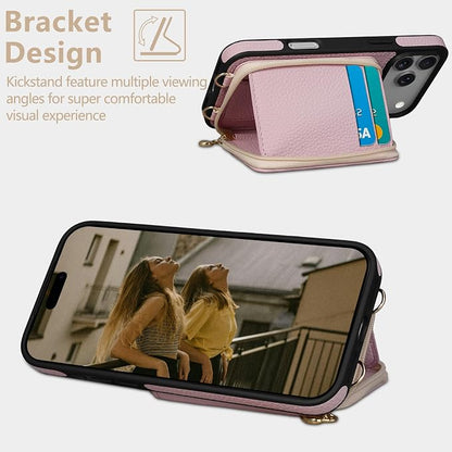 Keallce Case for iPhone 17 Pro Max 6.9'' Case Wallet, Crossbody Zipper Purse with RFID Blocking Card Slots Kickstand, Lanyard & Handstrap Flip Folio Leather Phone Cover for iPhone 17 Pro Max, Pink