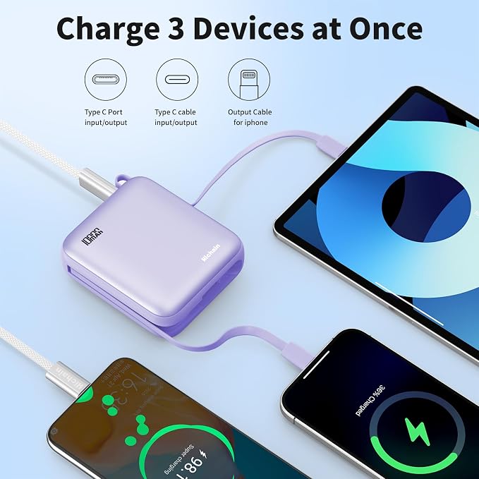 10000mAh Small Portable Charger with Built in Cables LED Display Purple | Mini Power Bank 22.5W USB-C Fast Charging Battery Pack, Travel Essential Power Bank for iPhone, iPad, Samsung, Android