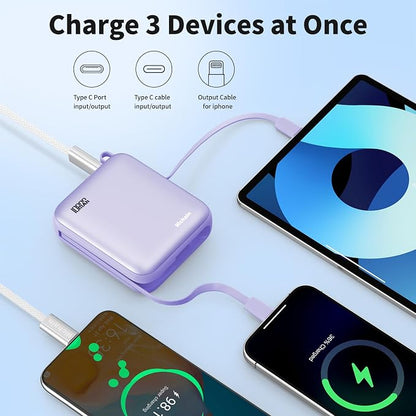 10000mAh Small Portable Charger with Built in Cables LED Display Purple | Mini Power Bank 22.5W USB-C Fast Charging Battery Pack, Travel Essential Power Bank for iPhone, iPad, Samsung, Android