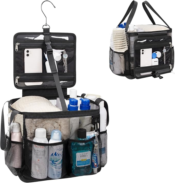 Mesh Shower Caddy Portable, Quick Dry Hanging Toiletry Bag for College Dorm Essentials with 4 Pockets/Divider/Plastic Bottom, Travel Tote Bag for Camping, Bathroom, Beach, Swimming, Gym