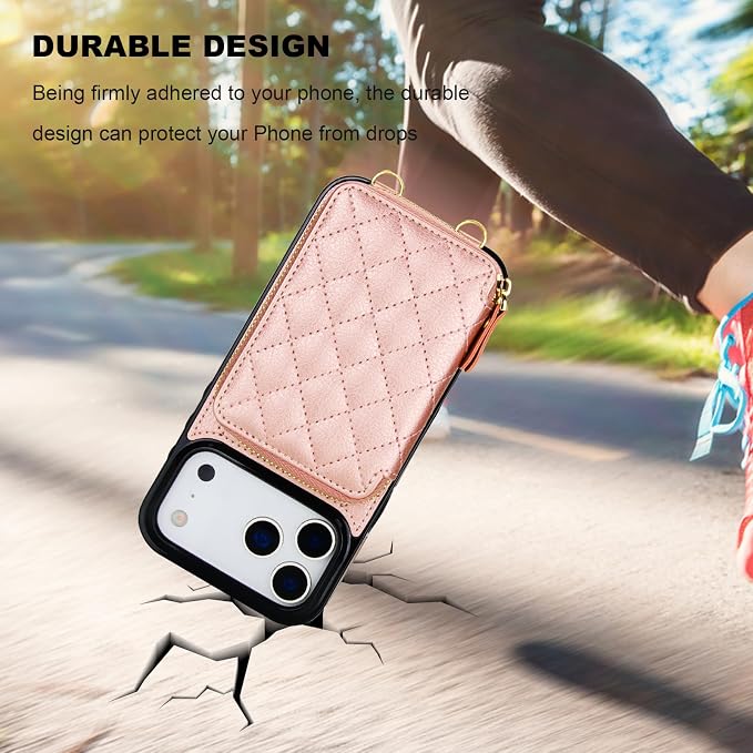 Bocasal Crossbody Wallet Case for iPhone 17 Pro Max, RFID Blocking PU Leather Zipper Handbag Purse Flip Cover, Kickstand Folio Case with Card Slots Holder Wrist Strap Lanyard 5G 6.9 Inch (Rose Gold)