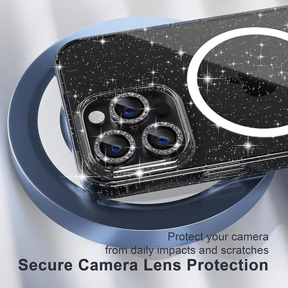 Choiche for iPhone 15 Pro Max Case Magnetic, Women Clear Glitter Bling Sparkly Case, [3xDiamond Camera Lens Protectors] [2xTempered Glass Screen Protectors] [Compatible MagSafe] (Glitter Black)