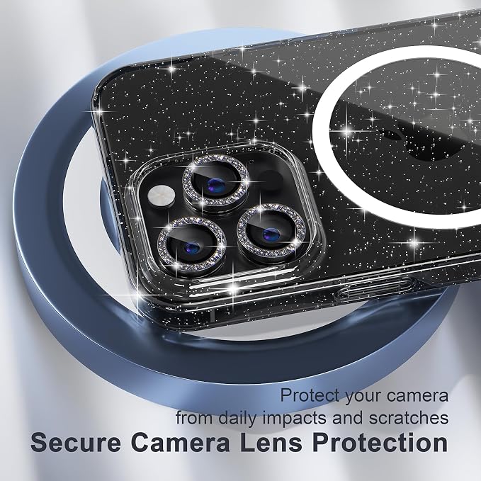 Choiche for iPhone 15 Pro Case Magnetic, Women Clear Glitter Bling Sparkly Case, [3xDiamond Camera Lens Protectors] [2xTempered Glass Screen Protectors] [Compatible MagSafe] (Glitter Clear)