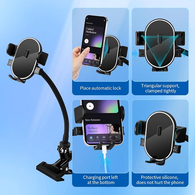 ROCKFREE Clip Phone Holder with 360° Gooseneck Arm & Auto-Locking Clamp,Short/Medium/Long Arm Options for Desk, Mic Stand, Table,Treadmill – Fits 4-7" Smartphones(Long-9.84 inch Arm)