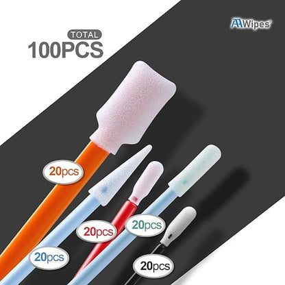 AAwipes Cleanroom Foam Tip Swab Set (5 Colors & Styles, 100 Pack) - Assorted Multi-Use Cleaning Swabs for Camera, Optical Lens, Arts & Crafts, Painting, Gun, Printer, Auto Detailing (FC502)