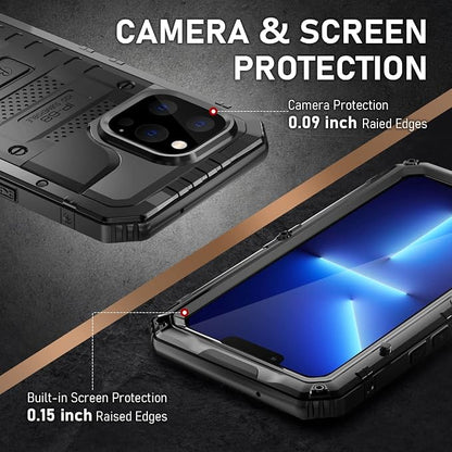 Beasyjoy for iPhone 13 Pro Max Case, Metal Waterproof Phone Case with Built-in Screen Protector, Full Body Protective Military Grade Shockproof Heavy Duty Rugged Defender Cover 6.7 Inch, Black