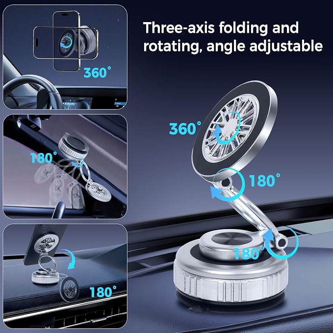 2026 Upgraded 360° Nano Gel Vacuum Magnetic Car Phone Holder,Reinforced Ultra Suction Cup Pocket Size Foldable Phone Mount for Dashboard/Gym/Mirror MagSafe iPhone Air 17 16 15 14 13 12 Pro Max(Silver)