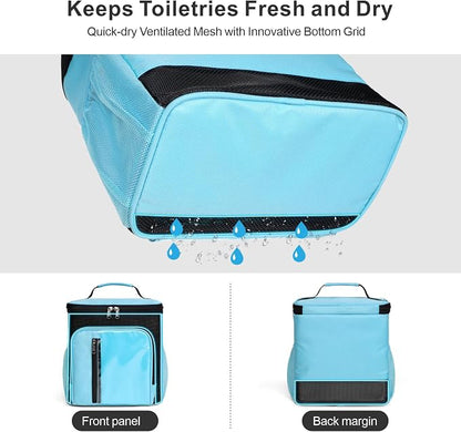 F-color Shower Caddy Portable for College Dorm Essentials - Large Hanging Sturdy Handle Toiletry Tote Bag with Hook, Multiple Pockets, Quick Dry Organizer for Camping, Travel, Gym, Light Blue