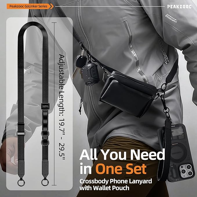 Phone Lanyard Crossbody, Clip and Go Phone Strap Crossbody, Adjustable Cell Phone Strap with Detachable Pouch for All Smartphones, Black