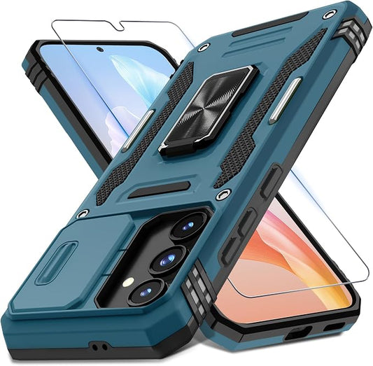 DEERLAMN Case for Samsung Galaxy S24 FE 6.7-Inch with Slide Camera Cover+Screen Protector(1 Pack), Rotated Ring Kickstand Military Grade Shockproof Protective Cover-Light Blue