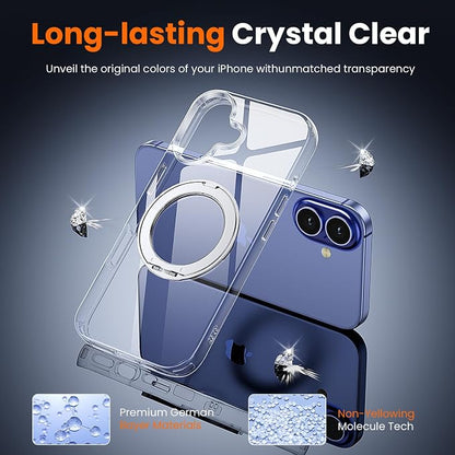 3 in 1 for iPhone 16 Plus Case Clear Ring Holder | Screen Protector *1 & Camera Lens Protector*1, Not Yellowing, Build in Kickstand, Military-Grade Protection