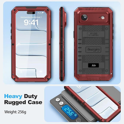 Beasyjoy for iPhone Air Case Waterproof, Heavy Duty Metal Full Body Protection, Built-in Screen Protector, Military Grade Shockproof Rugged Hard Phone Cover for iPhone 17 Air 6.5", Red