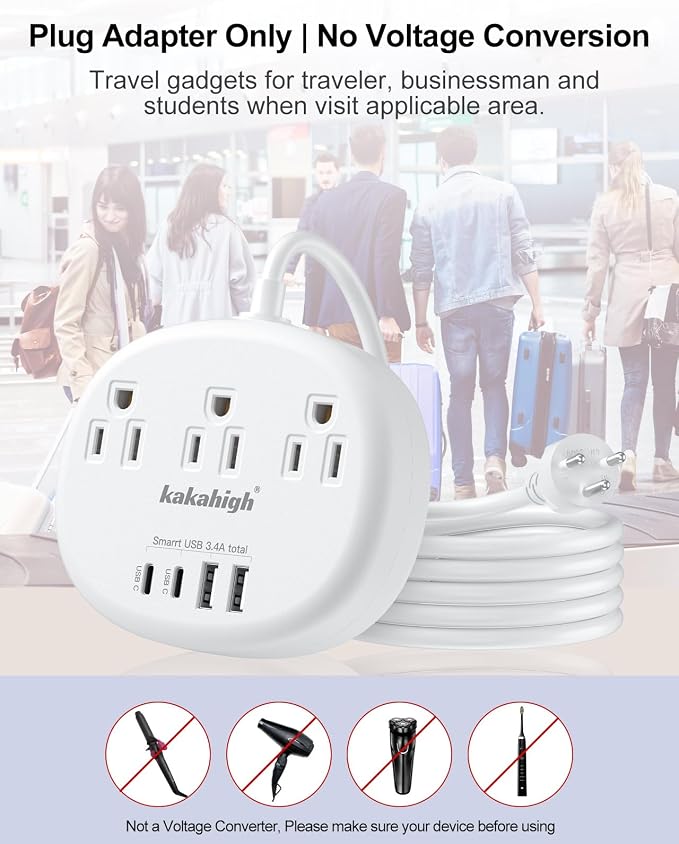 Thailand Power Adapter, Thailand Extension Cord 4FT | Thailand Plug Adapter with 3 American Outlets 4 USB Ports (2 USB-C) Total 24W, Type O Plug Adapter for USA to Thailand