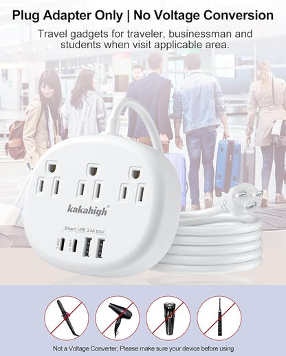 Thailand Power Adapter, Thailand Extension Cord 4FT | Thailand Plug Adapter with 3 American Outlets 4 USB Ports (2 USB-C) Total 24W, Type O Plug Adapter for USA to Thailand