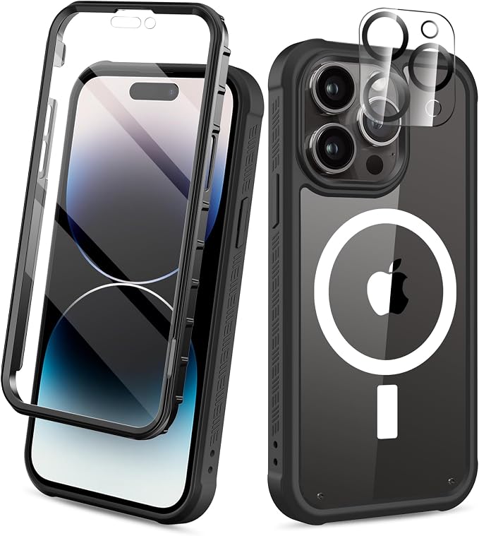 Compatible with iPhone 14 Pro Max Case, Built-in Screen Protector, with Camera Lens Protector, [Compatible with MagSafe] Full Body Phone Case, Protective Cover for 14 ProMax 6.7" (Black)
