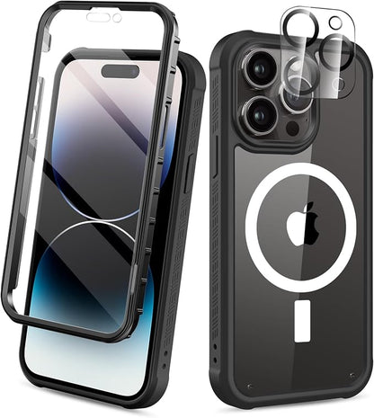 Compatible with iPhone 14 Pro Max Case, Built-in Screen Protector, with Camera Lens Protector, [Compatible with MagSafe] Full Body Phone Case, Protective Cover for 14 ProMax 6.7" (Black)