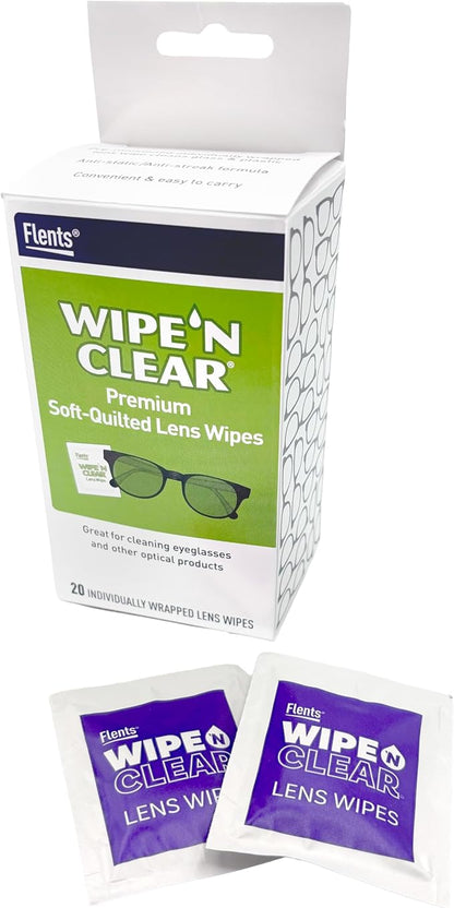 Flents Lens Wipes, Wipe 'N Clear, 20 Count, Pre-Moistened, Streak-Free, Safe for Glasses, Anti-Fog, Gentle Cleaning, Clear Vision, Individually Wrapped for Travel & Convenience, Made in the USA