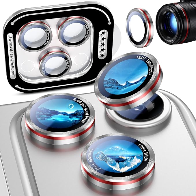 Uyiton for iPhone 17/16/15/14 (Pro Max & Pro) Camera Lens Protector - [Case-Friendly][Ultra-Thin] Military-Grade Tempered Glass Metal Camera Cover, Easy to Install, Silver+Red