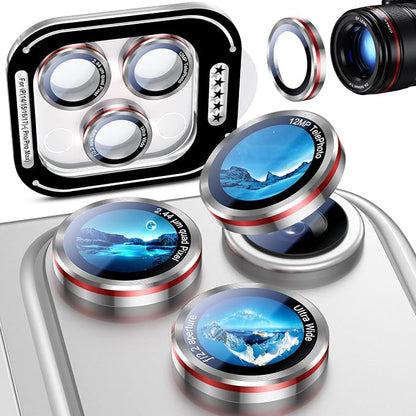 Uyiton for iPhone 17/16/15/14 (Pro Max & Pro) Camera Lens Protector - [Case-Friendly][Ultra-Thin] Military-Grade Tempered Glass Metal Camera Cover, Easy to Install, Silver+Red
