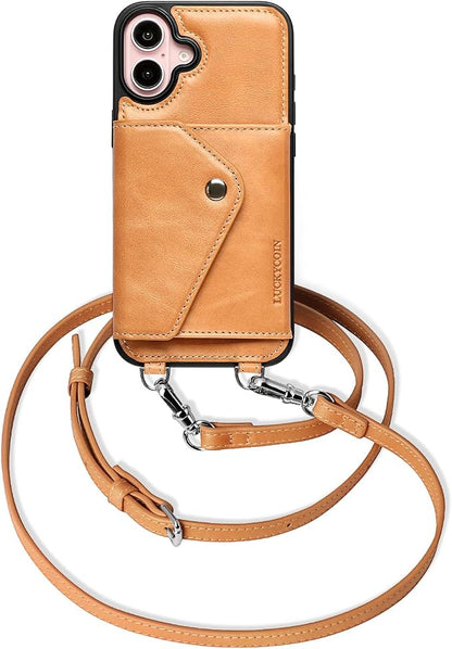LUCKYCOIN for iPhone 16 Plus Crossbody Wallet Case – Genuine Leather Phone Purse with Adjustable Strap and Card Holder,Lanyard Phone Purse Case for Women,Vintage Tan
