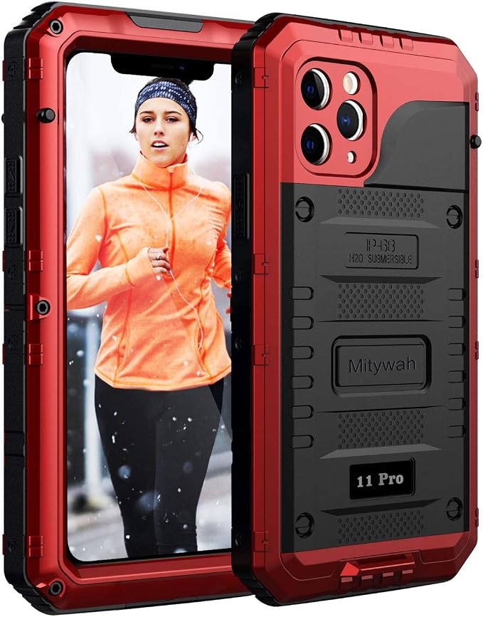 Mitywah Waterproof Case for iPhone 11 Pro, Heavy Duty Military Grade Shockproof Cover Built-in Screen Protection, Rugged Thick Full Body Protect Metal Case for iPhone 11 Pro, Red