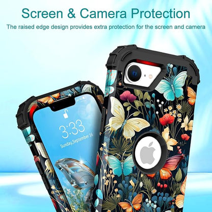 Hocase for iPhone 17e/iPhone 16e Case, Heavy Duty Shockproof Protection Hard Plastic+Silicone Rubber Hybrid Protective Phone Case for iPhone 17e/16e 6.1" - Butterflies in Garden